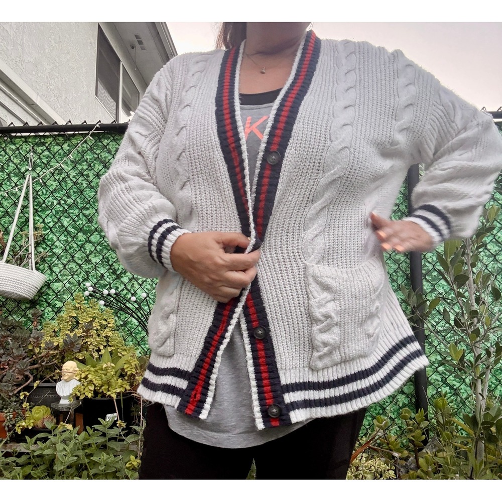 American Eagle Cardigan Women Oversized Medium White Varsity Cable Knit Striped